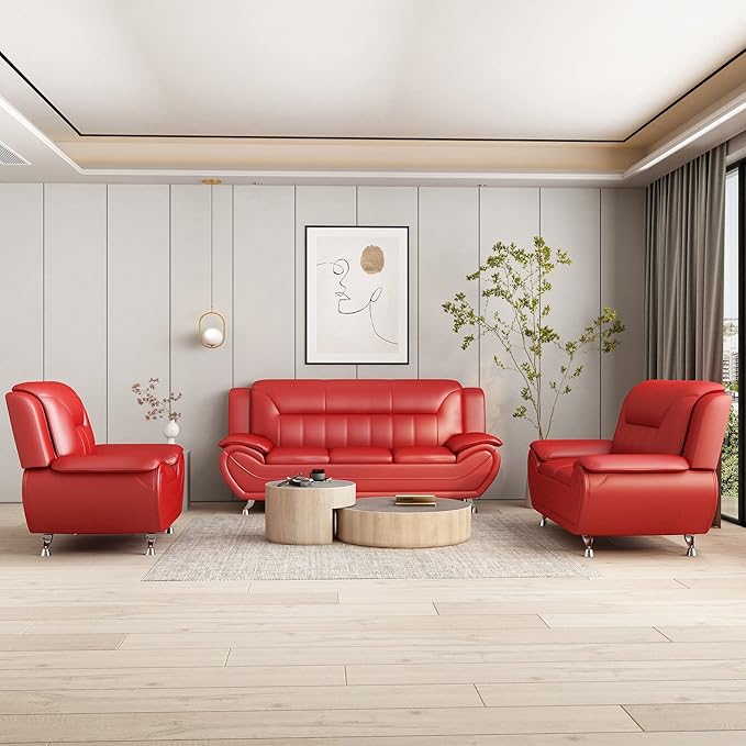 Container Furniture Direct Michael Modern Faux Leather Upholstered Stainless Steel Legs Living Room Sofa, Persian Red