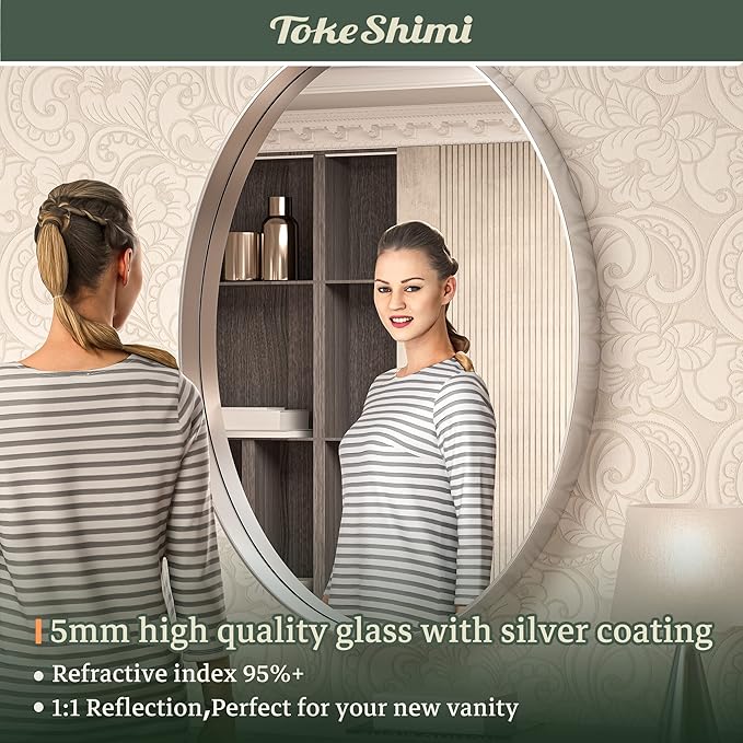 TokeShimi Oval Mirrors for Wall Decor 22x30 Inch with Non-Rusting Aluminum Alloy Brushed Silver Matte Framed Wall Mounted for Bathroom, Entryway, Living Room, Bedroom,Vanity or Horizontal