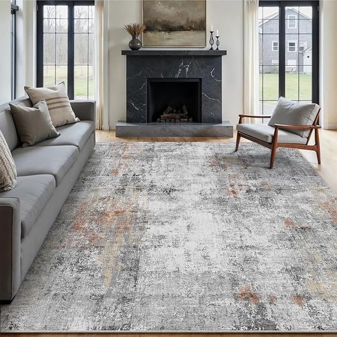 9x12 Washable Area Rug Grey Rust Modern Neutral Abstract Living Room Bedroom Indoor Floor Carpet Low Pile Soft Non-Slip Lightweight Vacuumable Large Throw Rug for Kitchen Dining Room