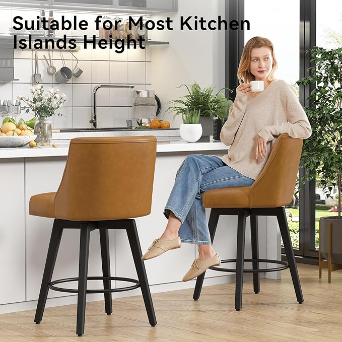 Vipbear Swivel Counter Height Bar Stools Set of 2,26.8" H Counter Stools with Back, Mid Century Modern Bar Stools for Kitchen Island,Faux Leather,Wooden Base, Brown