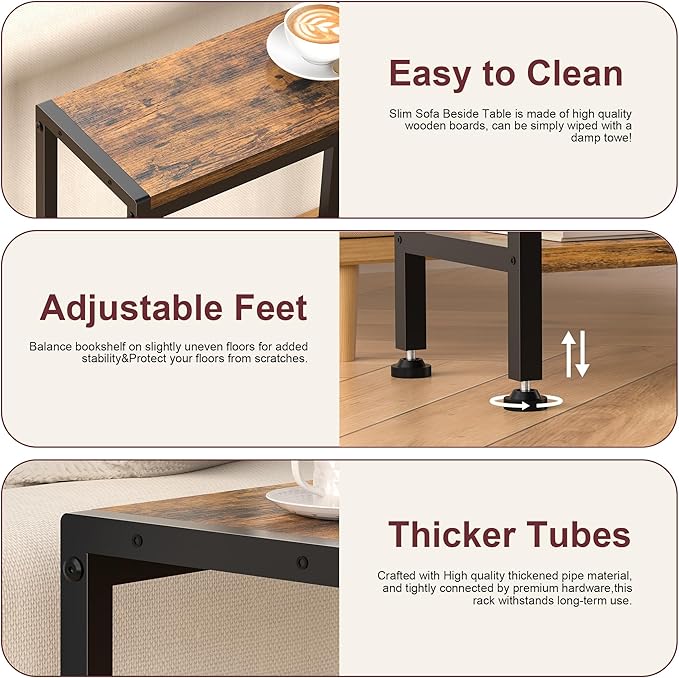 Narrow Side Table for Small Space Set of 2, 2-Tier Small End Table with Shelf Holder, Slim Nightstand, Skinny Snack Couch Table in Living Room, Bedroom, Study, Kitchen and Balcony（Rustic Brown