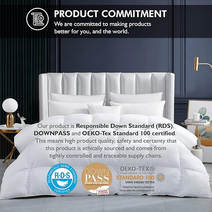 Luxurious White Solid Heavy Weight, Twin Size Goose Feathers Down Comforter for Winter Weather Duvet Insert, Premium Baffle Box, 100% Egyptian Cotton Cover, 60 oz. Fill Weight