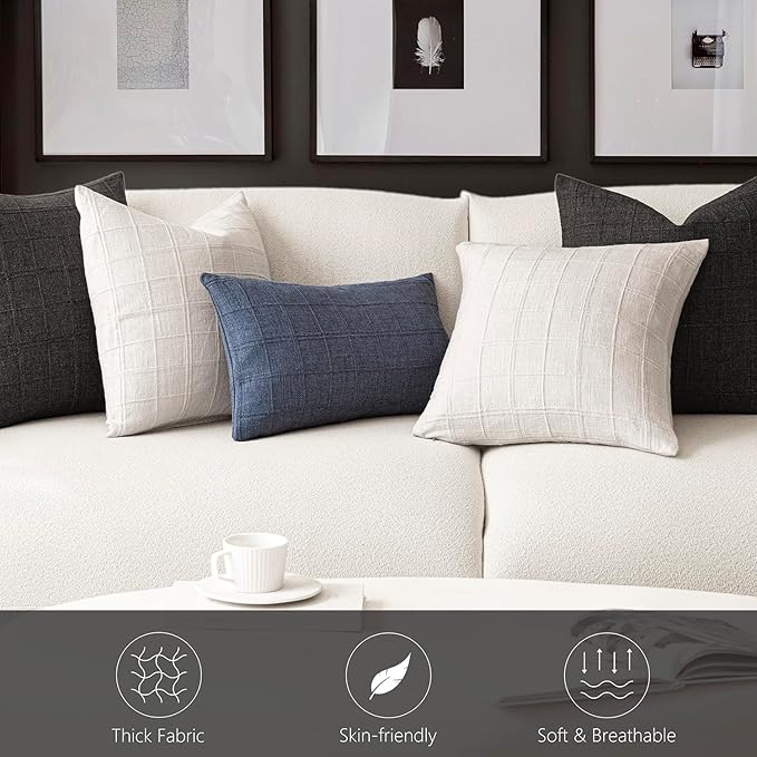 Foindtower Set of 2 Decorative Linen Check Throw Pillow Covers Neutral Farmhouse Vintage Cushion Covers Modern Boho Home Decor for Sofa Chair Couch Bedroom Living Room Outdoor,20×20 Inch,Charcoal