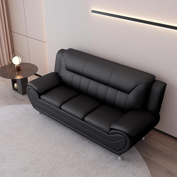 Container Furniture Direct Michael Modern Faux Leather Upholstered Stainless Steel Legs Living Room Sofa, Chair, Midnight Black