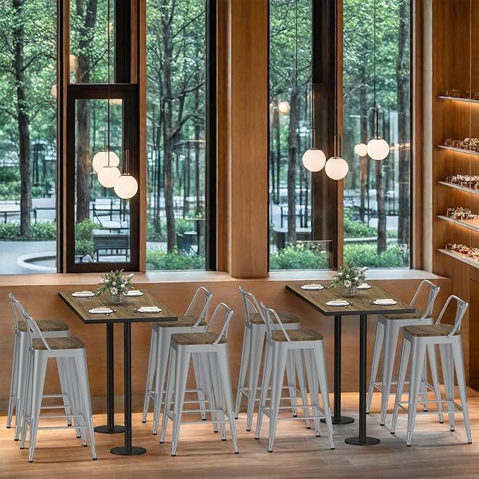 Silver Bar Stools Set of 4, Metal Bar Stools with Wooden Seat, Modern 30”Counter Height Barstools with Low Back