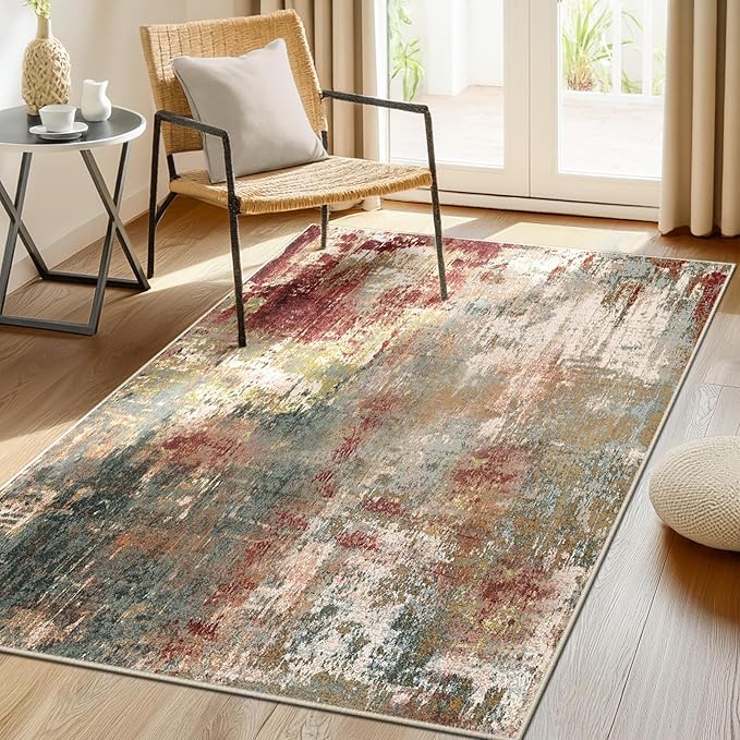 Washable Area Rugs 4'x6' Non-Slip Modern Abstract Soft for Living Room Entryway Bedroom Nursery, Print Pattern, Brown Rust Red Multi