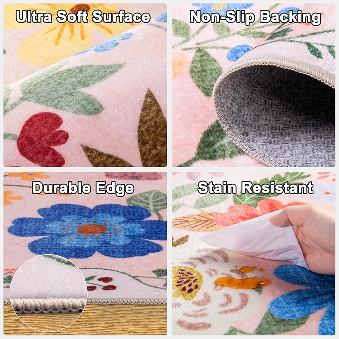Runner Rug for Entryway: 2x10 Kitchen Rugs Non Slip Washable Ultra-Thin Soft Floral Carpet Indoor Floor Stain Resistant Carpets for Hallway Bedroom Kitchen Laundry Bathroom Dorm Beige