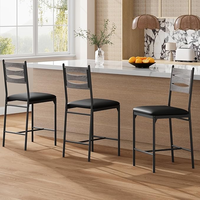 GarveeHome Bar Stools Set of 2, Wooden Barstools, Faux Leather Upholstered Bar Chair with Back & Footrest & Thick Cushion, Counter Height Bar Stools for Kitchen Island Apartment, Grey