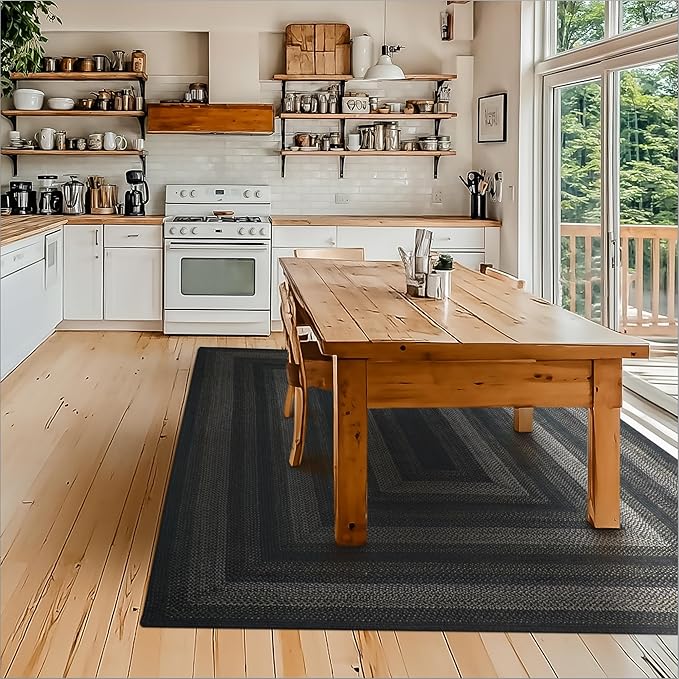 Homespice Jet Black Jute Rug 8x10' – Primitive Braided Rugs for Living Room and Dining Room