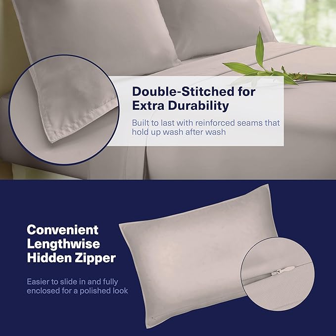 Kickoff Viscose Bamboo Sheets Twin XL Size 3-pc 100% Organic Bamboo Viscose Bed Cooling Sheets Twin XL Size Set Cool Bedding for hot Sleepers Sheet, Flat, Fitted, Pillowcase (Grey Mist, TXL)