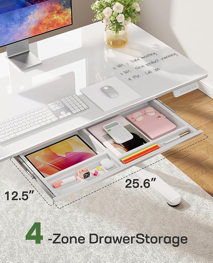 Marsail Glass Electric Standing Desk with Drawer, 48 x 24 Inches Height-Adjustable Desk, One-Piece Tempered Glass Top, Ergonomic Home Office Sit Stand Desk with 4 Preset Heights, White