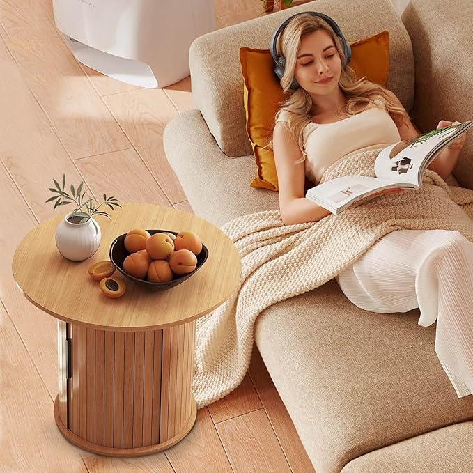 Modern Walnut End Table with Storage - Fluted Design Living Room Accent Table, Tall Bedside Nightstand & Sofa Side Table for Small Spaces, Dark Wood Finish (15.7” Wide, Natural)