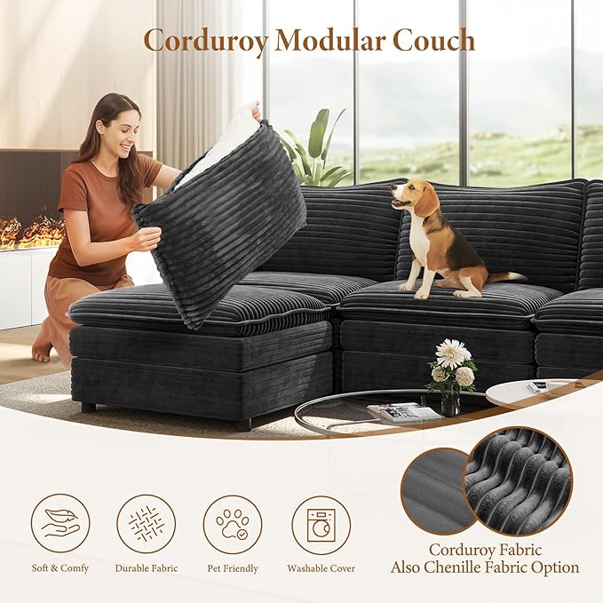 Vesgantti 108" U Shaped Sectional Couch, Comfy Cloud Modular Sectional Sofa with 2 Ottoman Deep Seat Corduroy Modern Cloud Sofa, Modular Sofas for Living Room, Bedroom and Apartment, Gray