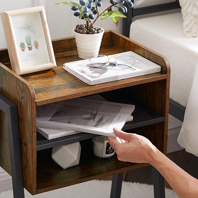 VECELO Nightstand Industrial Side End Table/Stackable Accent Furniture with 2-Tier Open Storage Compartments for Bedroom,and Small Spaces