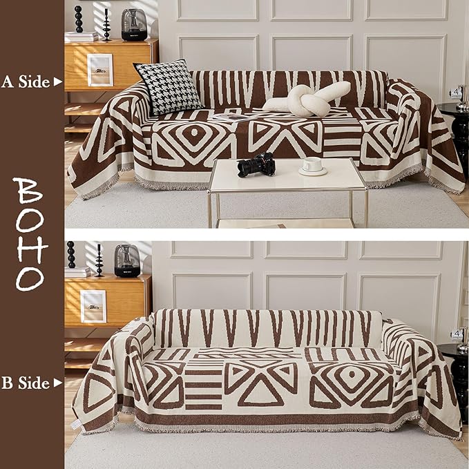 HANDONTIME Chocolate Boho Couch Cover Reversible Sofa Covers for 3 Cushion Couch Washable Sofa Cover for Dogs Boho Couches Covers Chenille Couch Protector Couch Covers for Sofa, 71" X118"