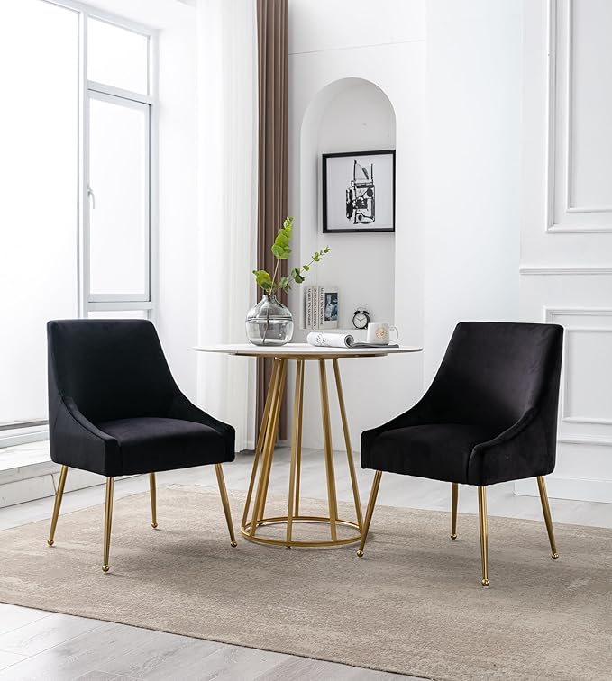 Modern Velvet Dining Chairs Set of 6, Contemporary Upholstered Furniture Collection with Polished Gold Metal Legs, Elegant Accent Chairs for Kitchen Living Room(Black)