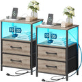 Nightstands Set of 2, Night Stand with Charging Station and Led Lights, Bedside Table with 2 Fabric Drawers for Bedroom, Small Side End Table with Open Shelf, Greige