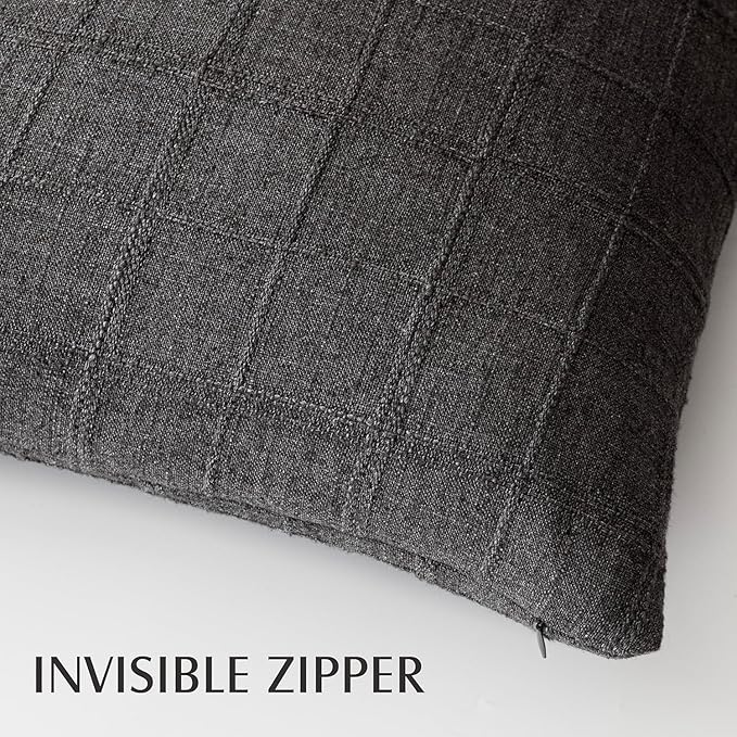 Foindtower Set of 2 Decorative Linen Check Throw Pillow Covers Neutral Long Body Lumbar Cushion Covers Farmhouse Vintage Home Decor For Sofa Chair Couch Bedroom Living Room Outdoor,14×36 Inch,Charcoal