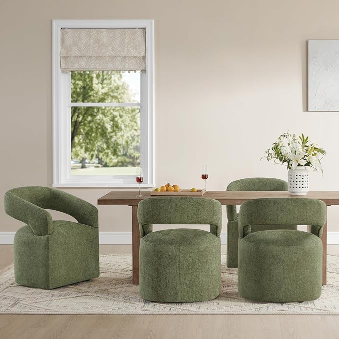 Upholstered Dining Chairs with Casters Easy Assembly Require Modern Barrel Armchair with Rollers for Diningroom Bedroom Livingroom Reading Room,Set of 2,Green