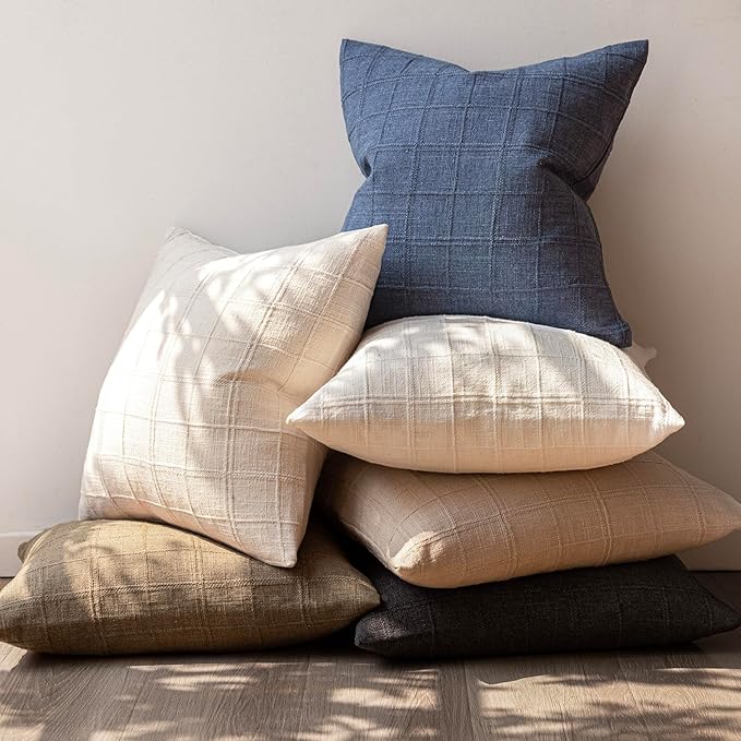 Foindtower Set of 2 Decorative Linen Check Throw Pillow Covers Neutral Farmhouse Vintage Cushion Covers Modern Boho Home Decor for Sofa Chair Couch Bedroom Living Room Outdoor,24×24 Inch,Charcoal