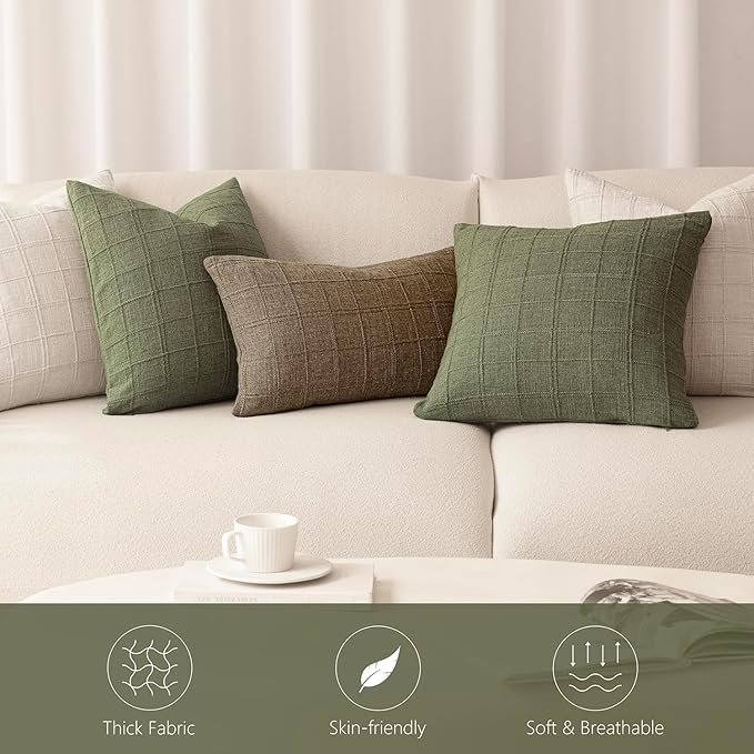 Foindtower Set of 2 Decorative Linen Check Throw Pillow Covers Neutral Farmhouse Lumbar Cushion Covers Modern Boho Home Decor for Sofa Chair Couch Bedroom Living Room Outdoor,12×20 Inch,Sage Green