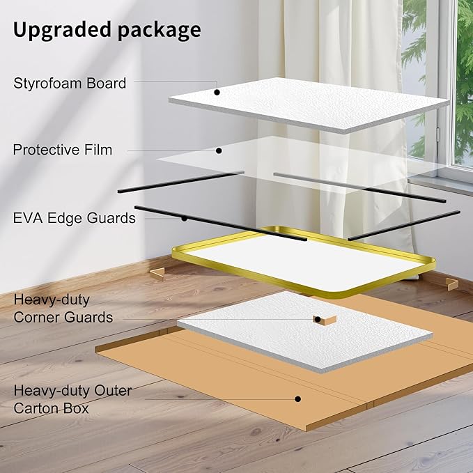 FORBATH 24x48 Inch Bathroom Mirror, Brushed Gold Deep Frame Narrow Wall Mirror with Rounded Corners, Anti-Rust Tempered Glass for Modern Farmhouse Vanity (Horizontal/Vertical)