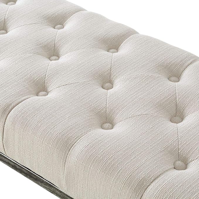 24KF Upholstered Tufted Long Bench with Metal Frame Leg, Linen Bench Ottoman with Padded Seat-Ivory