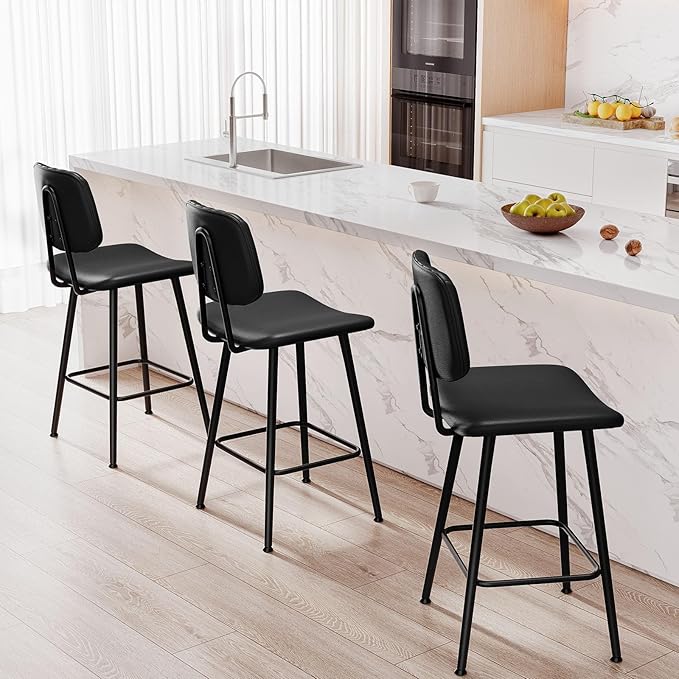24-Inch Leather Bar Stools, Counter Height Barstools with High Backrest，Bar Chairs for Kitchen Island with Heavy Duty Metal Legs, Black