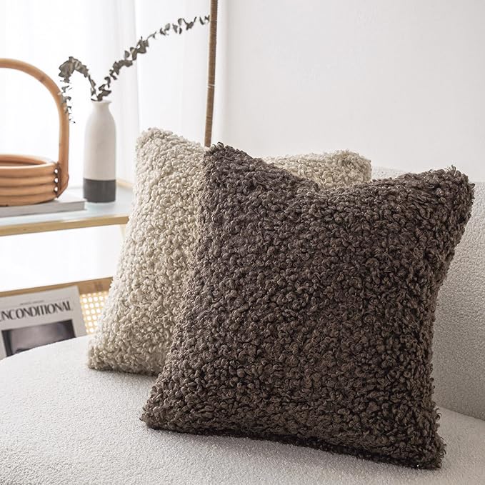 Foindtower 2 Pieces 26x26 Inch Chocolate, Faux Fur Throw Pillow Cover Accent Sherpa Pillow Fuzzy Soft Pillowcases Sheepskin Decorative Fleece Cushion Case for Bed Couch Living Room