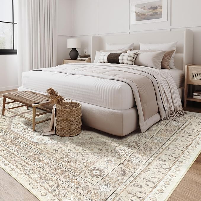 zesthome 4x6 Rug - Stain Resistant Washable Rug, Anti Slip Backing Rugs for Living Room, Foldable Vintage Small Area Rugs (Cream/Beige,4'x6')