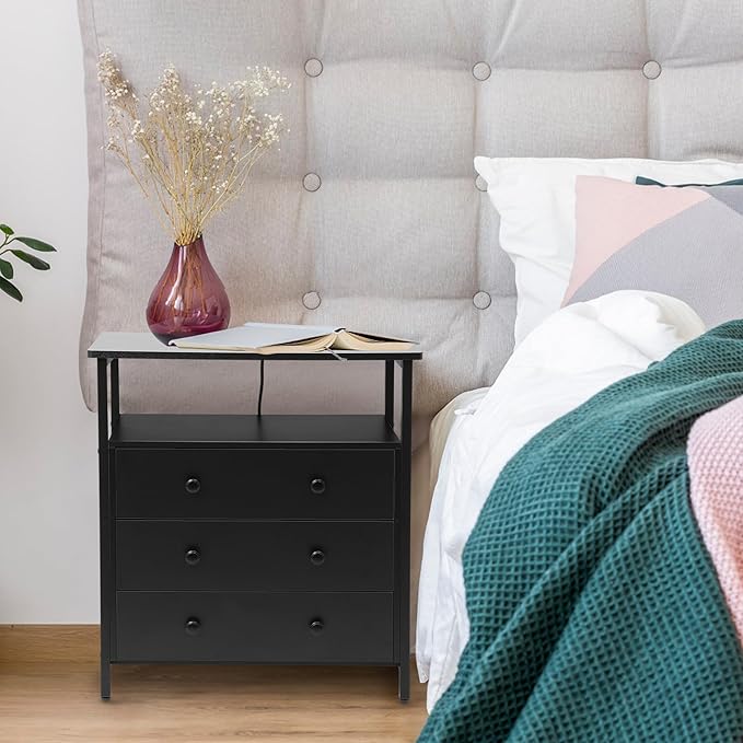 3 Wooden Drawers Night Stand, 27 Inch Wide Nightstand with Charging Station and Adjustable Drawers, Bedside Table for Living Room/Bedroom/Office, Black.