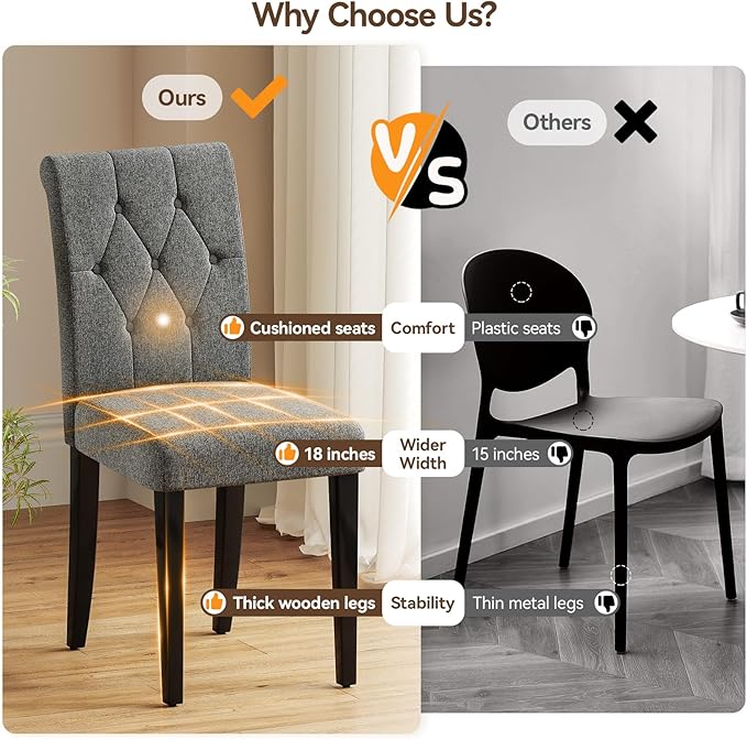 Upholstered Dining Chairs Set of 4, Button Tufted Parsons Dining Chair with Solid Wood Legs, Modern Fabric Side Chair for Dining Room/Kitchen/Restaurant/Hotel- Grey