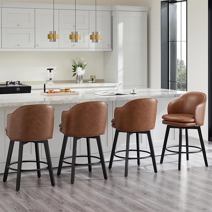 Counter Height Barstools 26 inch Upholstered Swivel Bar Stools with Back and Wood Legs for Kitchen Island,Set of 2,Brown PU Leather