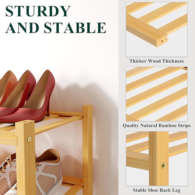 Smiry Shoe Rack, 4 Tier Long Bamboo Shoe Organizer, Stackable Free Standing Wooden Shoe Storage Shelf for Closet, Entryway, Front Door Entrance, Natural
