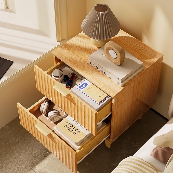 Urban Deco Fluted Nightstand with Storage, Mid Century Modern Nightstand, Wooden Side Table with 2 Fluted Drawers, End Table with Solid Wood Legs for Bedroom,15.4 x 15.4 x 22.8 in (Natural)