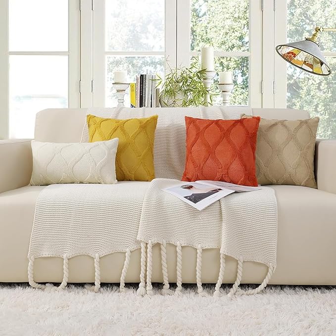 decorUhome Fall Throw Pillow Covers 12x20 Inch Set of 2, Soft Plush Faux Fur Wool Lumbar Rust Couch Pillow Covers, Decorative Neutral Pillow Cases for Bed Sofa Living Room Home Decor
