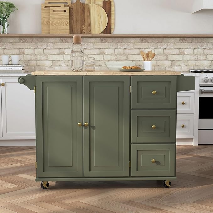 Homestyles Mobile Kitchen Island Cart with Wood Top and Dropleaf Breakfast Bar, 18" D x 53.5" W x 36" H, Green