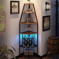 5-Tier Corner Wine Rack with LED Light Floor Standing Wine Rack with Glass Holder and Bottles Wine Storage Home Bar Furniture for Kitchen Living Dining Room (Rustic Brown)