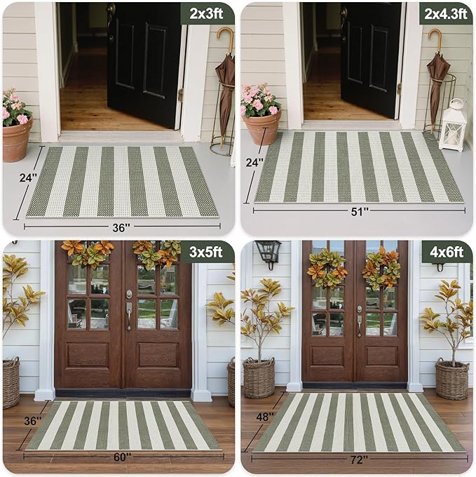 OJIA Fall Front Door Mat 24"x36" Halloween Doormat Striped Porch Rugs Checkered Rug Washable Entry Rug Woven Cotton Indoor Outdoor Rug Small Area Rug for Kitchen Entryway Patio (Green/White/Tan)