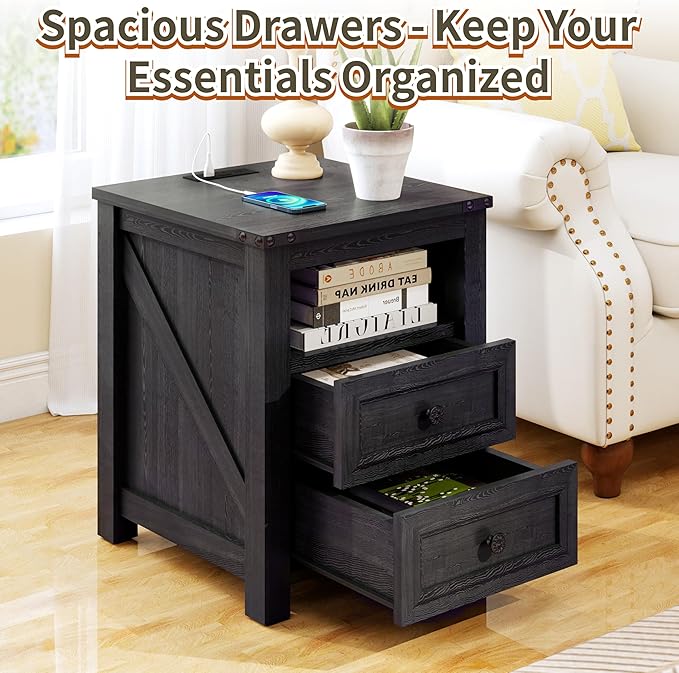 Farmhouse Nightstand with Charging Station, 18” Wide End Table with 2 Drawers Living Room Wood Sofa Side Table with Storage, Small Night Stand for Bedroom, Black