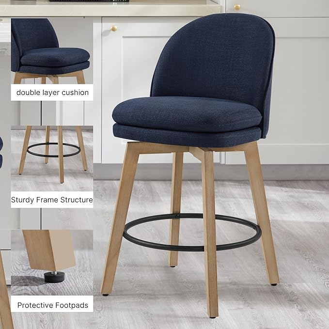 Counter Height Barstools 26 inch Upholstered Swivel Bar Stools with Back and Wood Legs for Kitchen Island,Set of 4,Blue Fabric-Armless