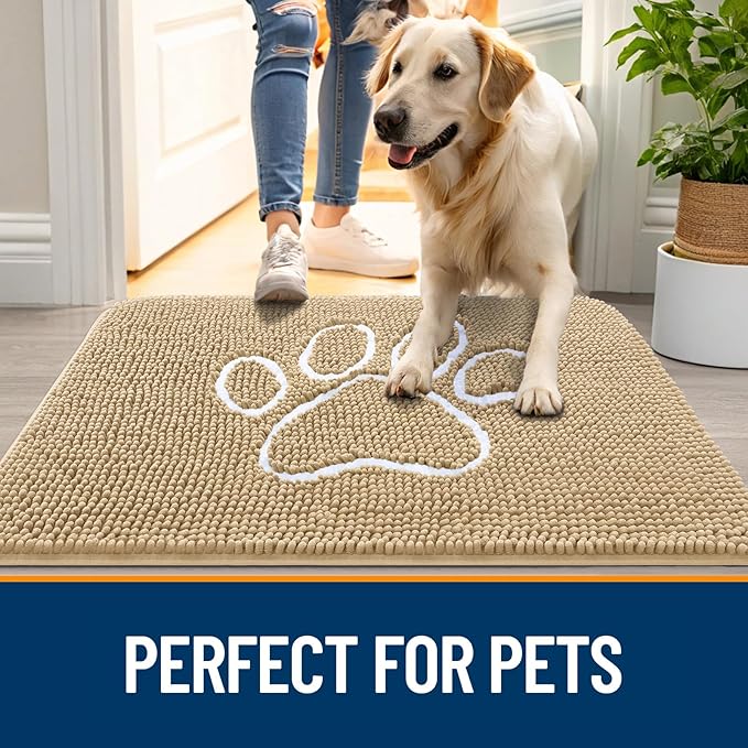 OLANLY Door Mat for Muddy Dog Paws 30x20, Ultra Absorbent Chenille Mud Doormat with Paw Print Design, Non-Slip Washable Doormat for Indoor Entryway, Quick-Dry Pet Bed Mats for Dirty Dogs, Beige