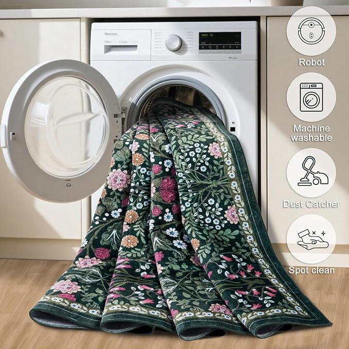 Runner Rug for Entryway: 2.6x8 Kitchen Rugs Non Slip Washable Ultra-Thin Soft Floral Carpet Indoor Floor Stain Resistant Carpets for Hallway Bedroom Kitchen Laundry Bathroom Dorm Dark Green