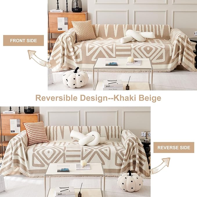 STACYPIK Boho Sofa Cover, Dog Couch Cover for Sofa, Non-Slip Khaki Sofa Cover for L Shaped, Furniture Protector for 3 Cushion Couch, Multi-Use Sectional Couch Cover, Multi-Use Sofa Silpcover-71X150IN
