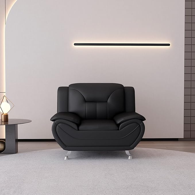 Container Furniture Direct Michael Modern Faux Leather Upholstered Stainless Steel Legs Living Room, Chair, Midnight Black