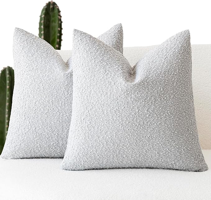 Foindtower Pack of 2 Textured Boucle Throw Pillow Covers Accent Solid Decorative Pillow Cases Cozy Woven Couch Cushion Case for Chair Sofa Bedroom Living Room Home Decor, 20 x 20 Inch,Light Grey