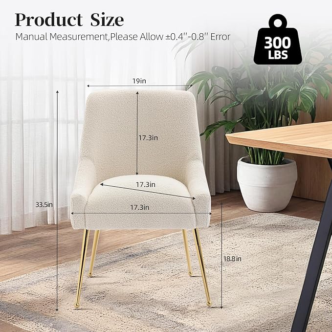 Modern Velvet Dining Chairs Set of 2, Contemporary Upholstered Furniture Collection with Polished Gold Metal Legs, Elegant Accent Chairs for Kitchen Living Room(Teddy Fleece,Beige)