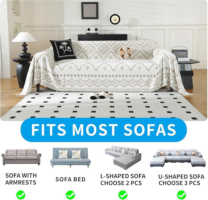 LUFEIJIASHI Boho Couch Covers for Sofa Non Slip Sofa Covers Washable Couch Covers for 3 Cushion Couch Sofa Pet Friendly Sectional Couch Cover Blanket Furniture Protector for Dogs (Khaki, 91"x134")