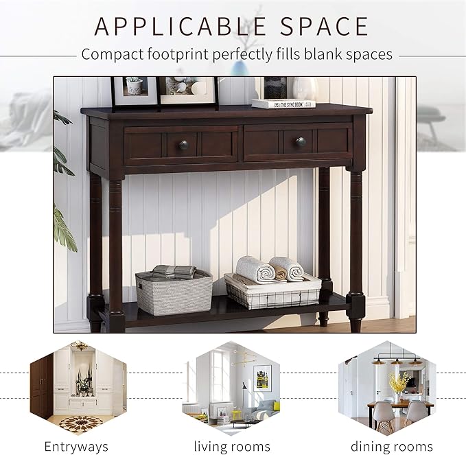 Bellemave Console Table with Drawers, Retro Entryway Table with 2 Drawers and Open Storage Shelf, Narrow Long Sofa Table, Behind Couch Table for Living Room, Foyer and Hallway,Espresso