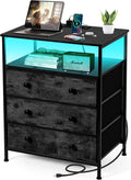 3 Drawers Dresser with Charging Station, 24 Inch Wide LED Night Stand with Adjustable Fabric Drawer, Nightstand with Storage Shelf for Living Room/Bedroom/Office, Black.